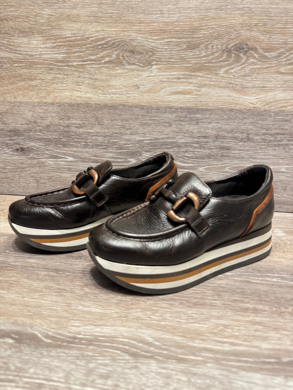 Softwaves Alina Cognac Leather Platform Loafers Sz 36.5 US 6.5